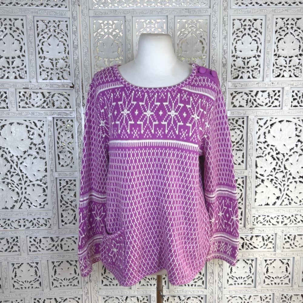 J Jill Purple Fair Isle Nordic Sweater Sz Medium Oversized Slouchy Snowflake